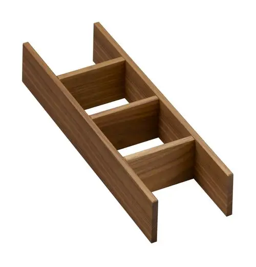 Schubkasteninnenteilung aus Holz, in dunkler Nussbaumoptik, mit drei Fächern zur besseren Organisation. Modell von Hansgrohe.